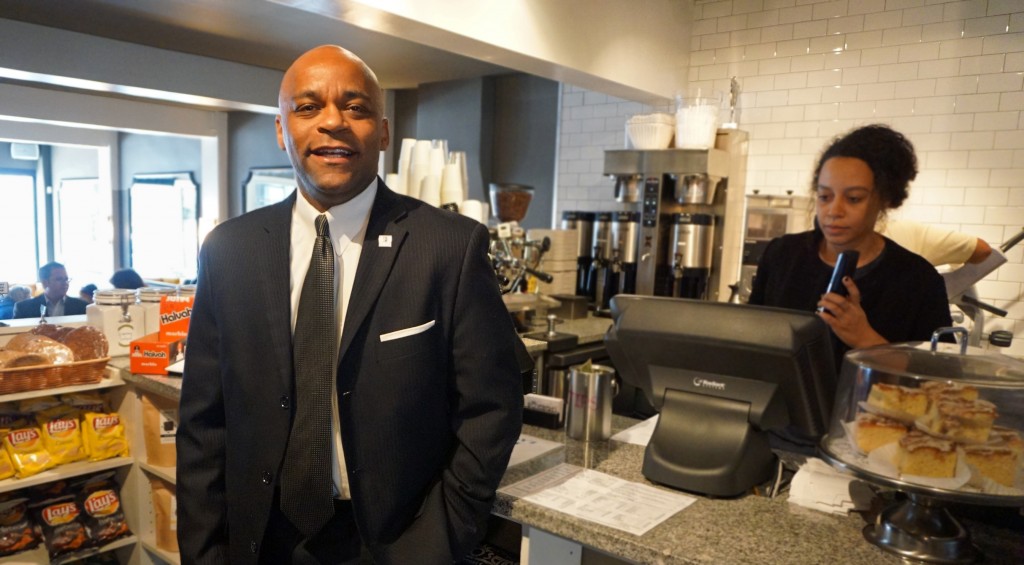 Mayor Michael Hancock visits Rosenberg's Bagels. Photo by George Demopoulos.