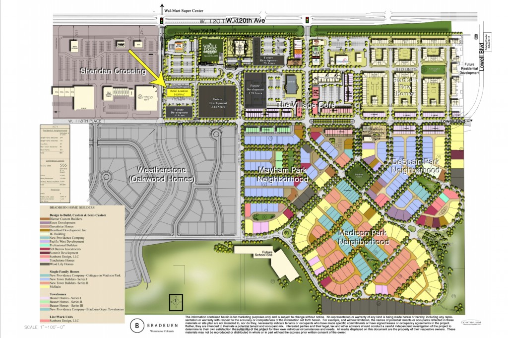 Bradburn Village has started construction on a new retail building. Images courtesy of Continuum Partners.