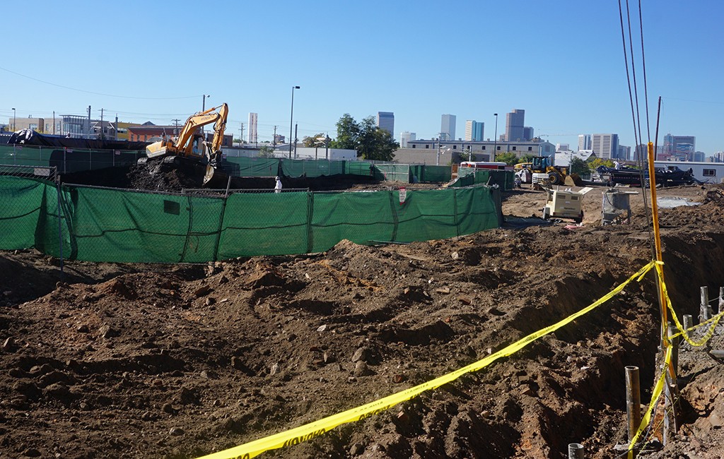 Work is underway at the upcoming Zeppelin Station development at 35th and Wazee streets in RiNo. (Burl Rolett)