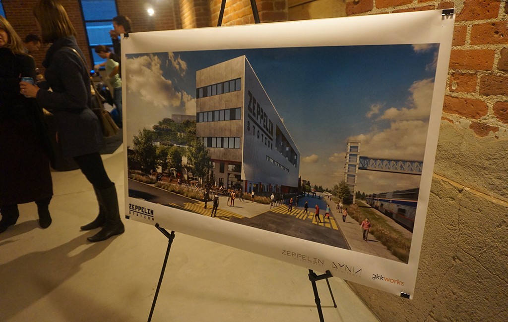 A rendering of the planned Zeppelin Station building on display. (Burl Rolett)