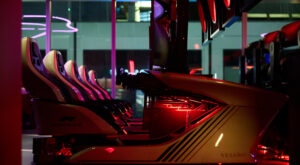Formula One race simulator bar driving into RiNo 1 F1 Arcade Boston by Ian Wallman 04553