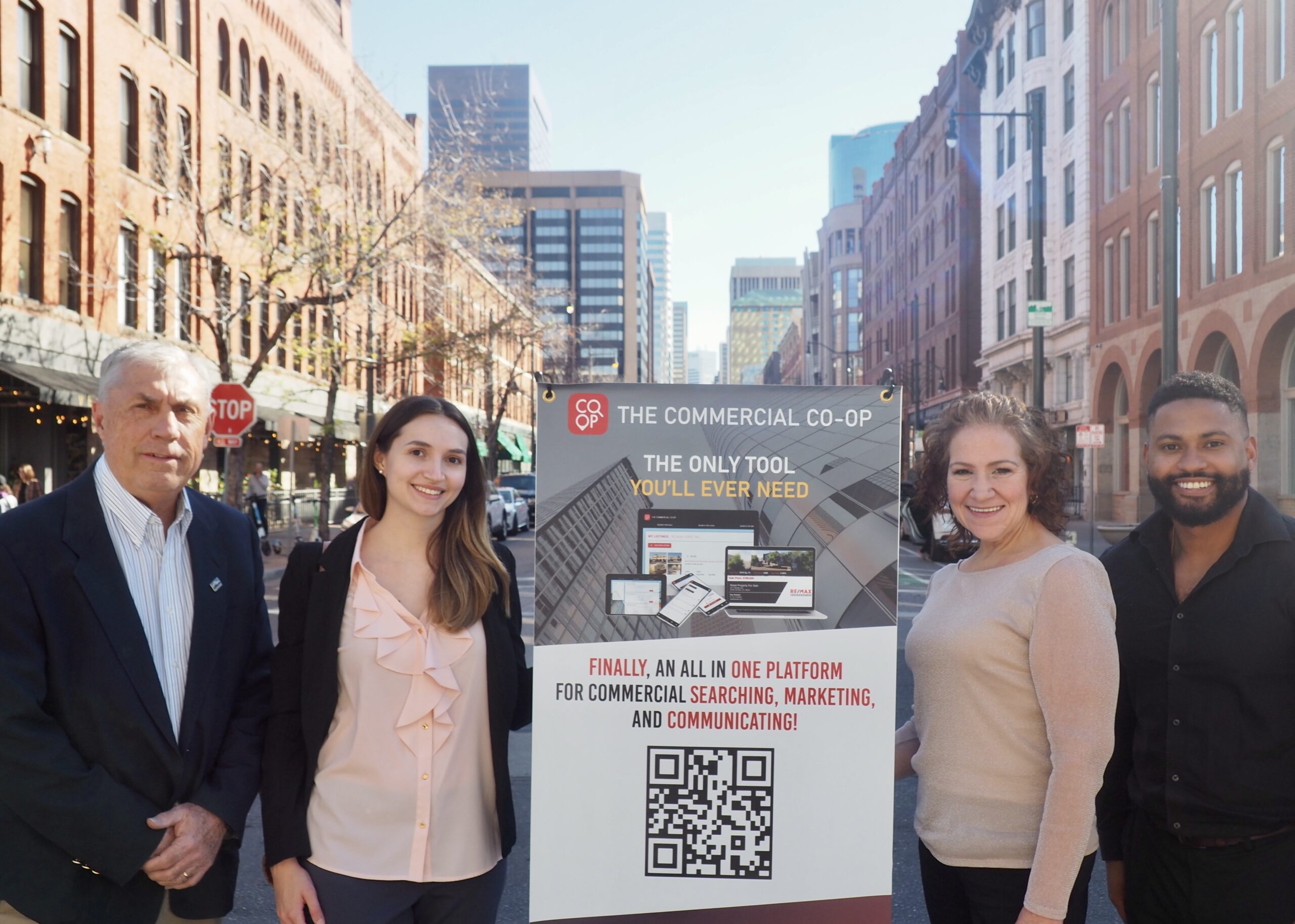 Jay Soneff, left, stands with his daughter Jaclyn, cofounder Marsha Laurienti and sales manger Isaiah Mayfield in downtown Denver.