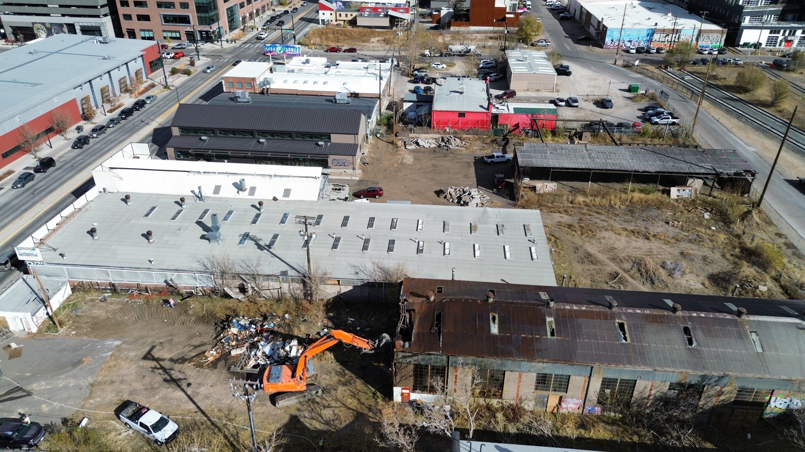 Koelbel demolishing warehouses along Brighton in RiNo with next step unclear 1 An aerial of the demo progress at 3400 Brighton Blvd.